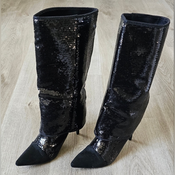 Size 11 Black Sequin Pointed Toe Slouch Boots - Picture 5 of 11